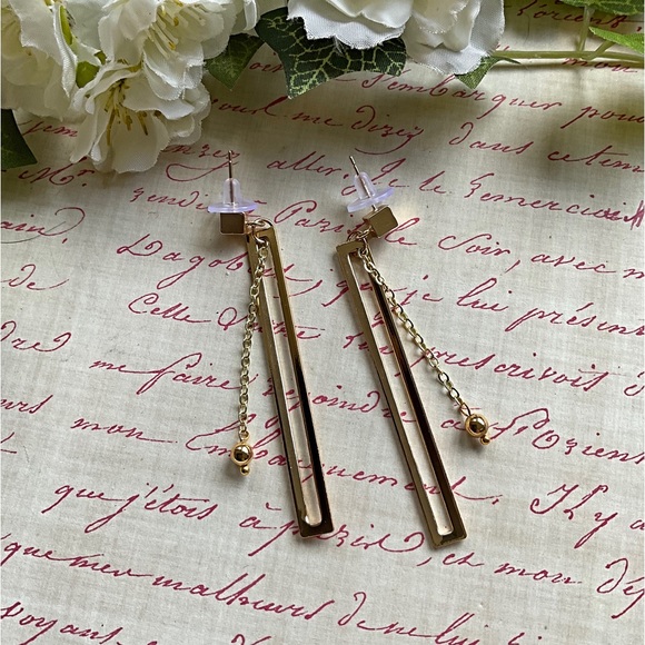 SALE..Unique Earrings. Long Rectangle Earrings, Dangling Chains Small Gold Balls - Picture 3 of 5
